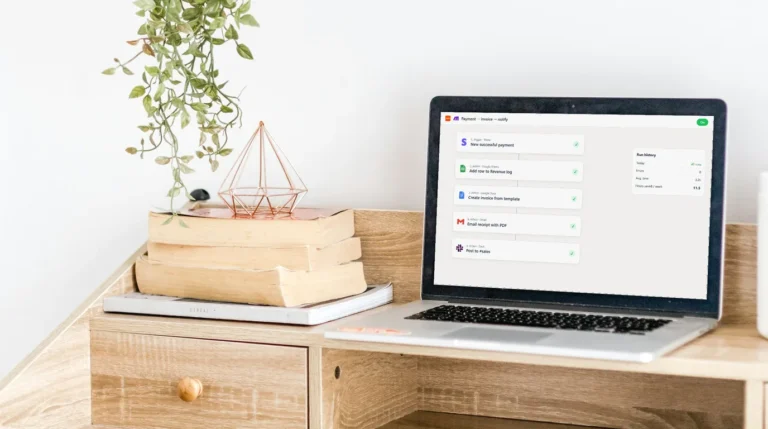 Automation steps from Stripe to Sheets, Docs, Gmail and Slack on a laptop